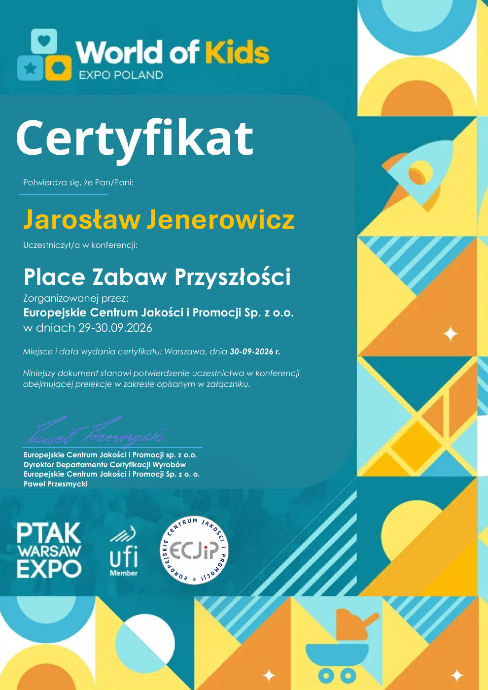 Certyfikat uczestnictwa - strona 1 dokumentu Jarosława Jenerowicza