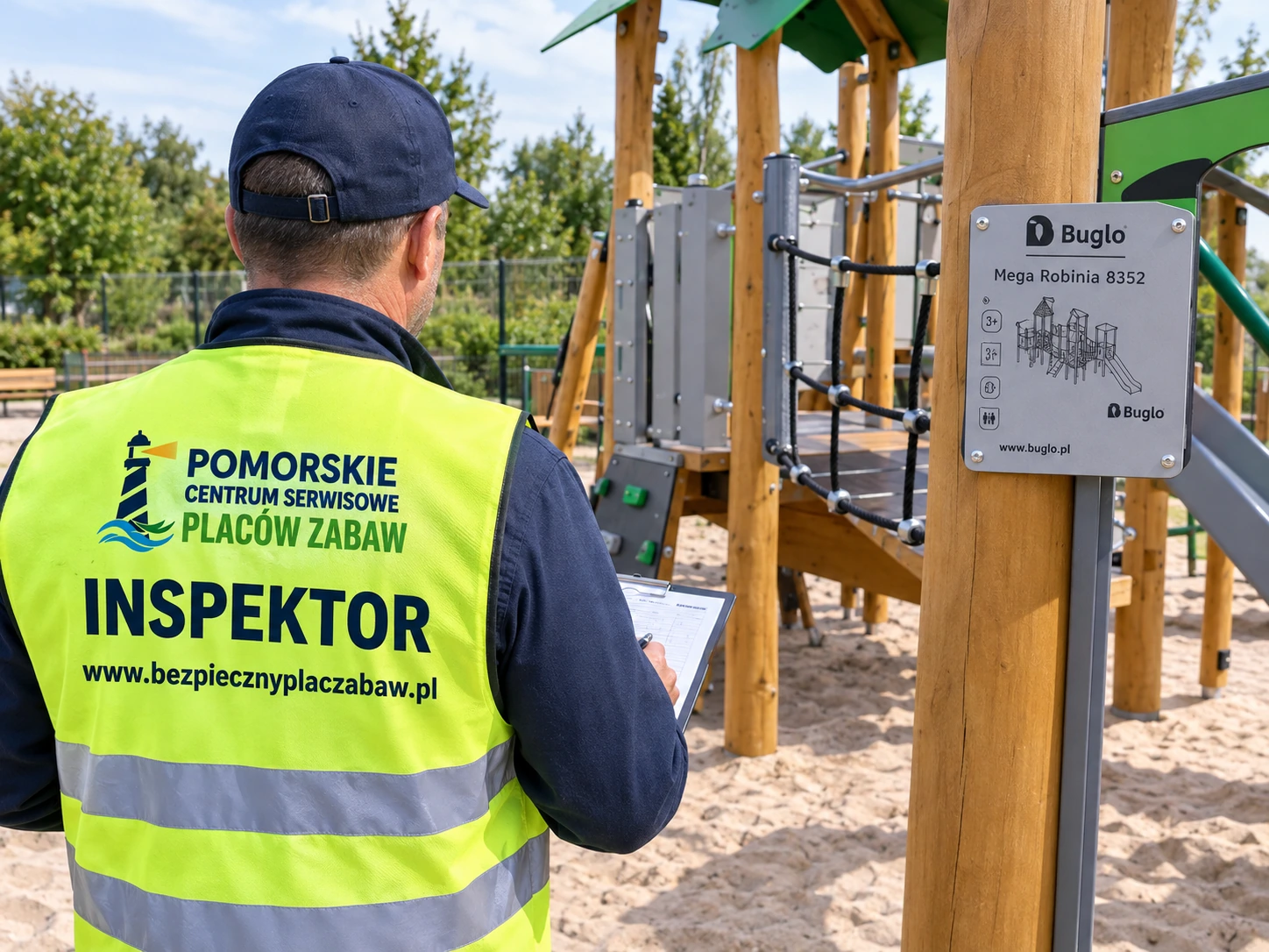 Inspektor Pomorskiego Centrum Serwisowego Placów Zabaw przy urządzeniach na placu zabaw